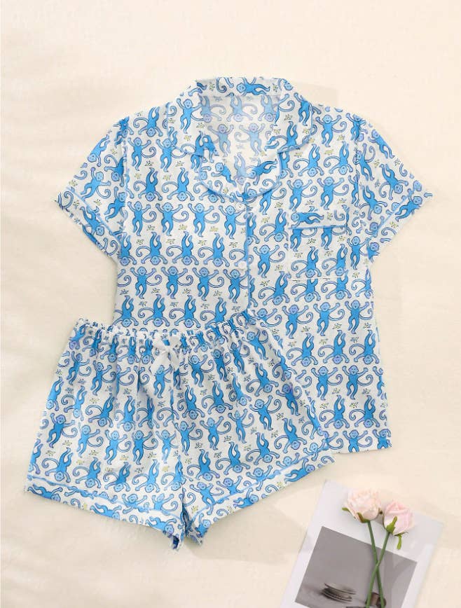 Cartoon Animal Print Comfy Sleepwear Set: Blue / L