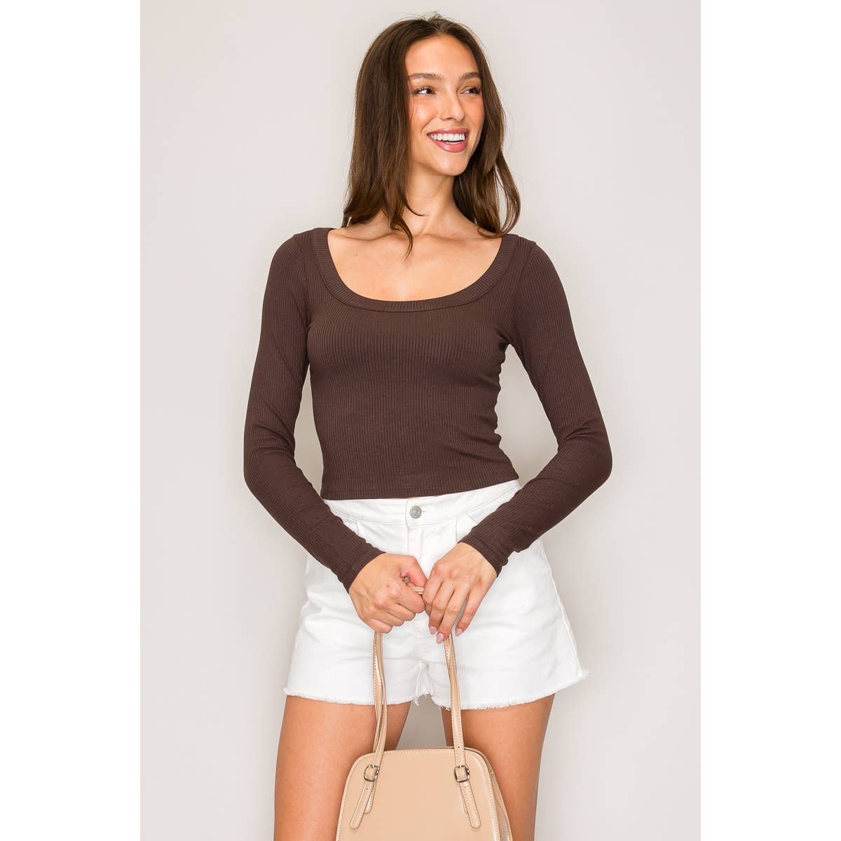 Ribbed Long Sleeve Wide Neck Top: Ballerina / S-M-L(2-2-2)
