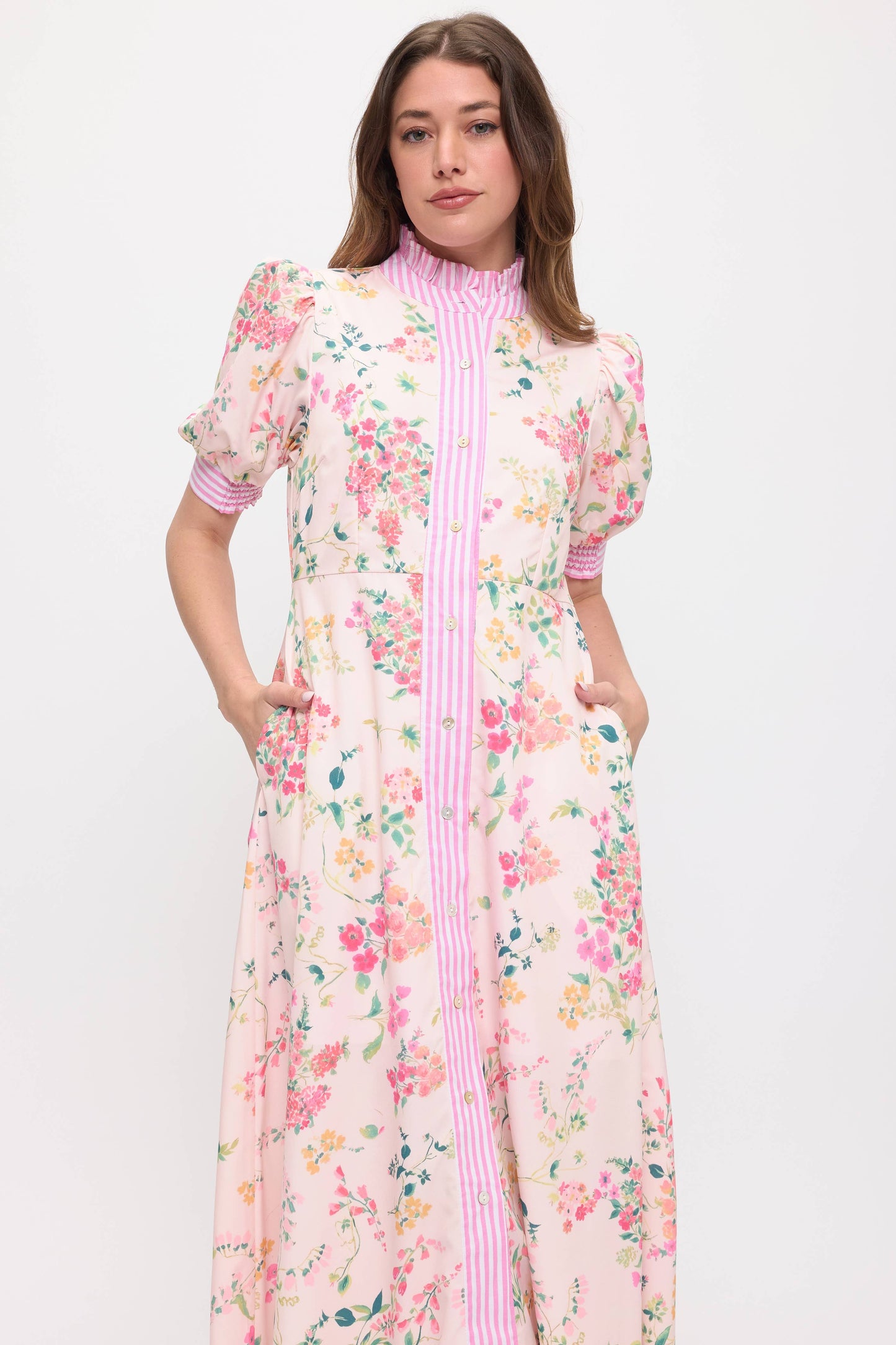 Floral Shirt Midi Dress: Light Pink / 2 S - 2 M - 2 L - 2 XL