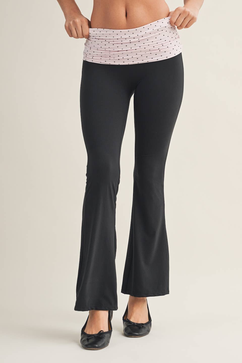 Polka Dot Soft Knit Foldover Flare Pants: Blue/Black Polka Dot / S
