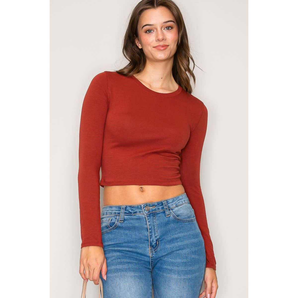 Crew Neck Long Sleeve Cotton Cropped Knit Top: Chili Oil / S-M-L(2-2-2)