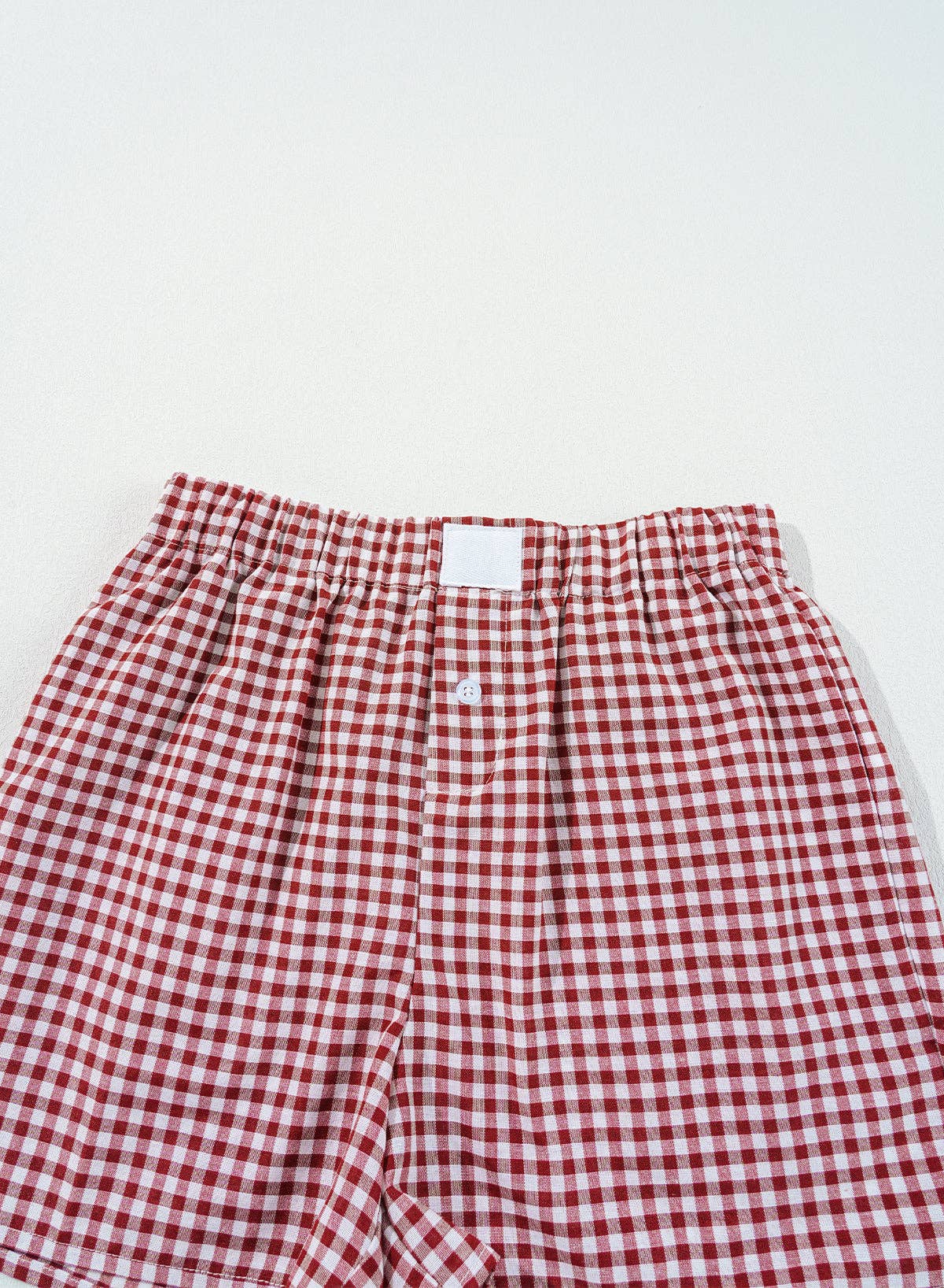Red Gingham High Waisted Elastic Waist Summer Shorts: Red Stripe / 100%Polyester / M