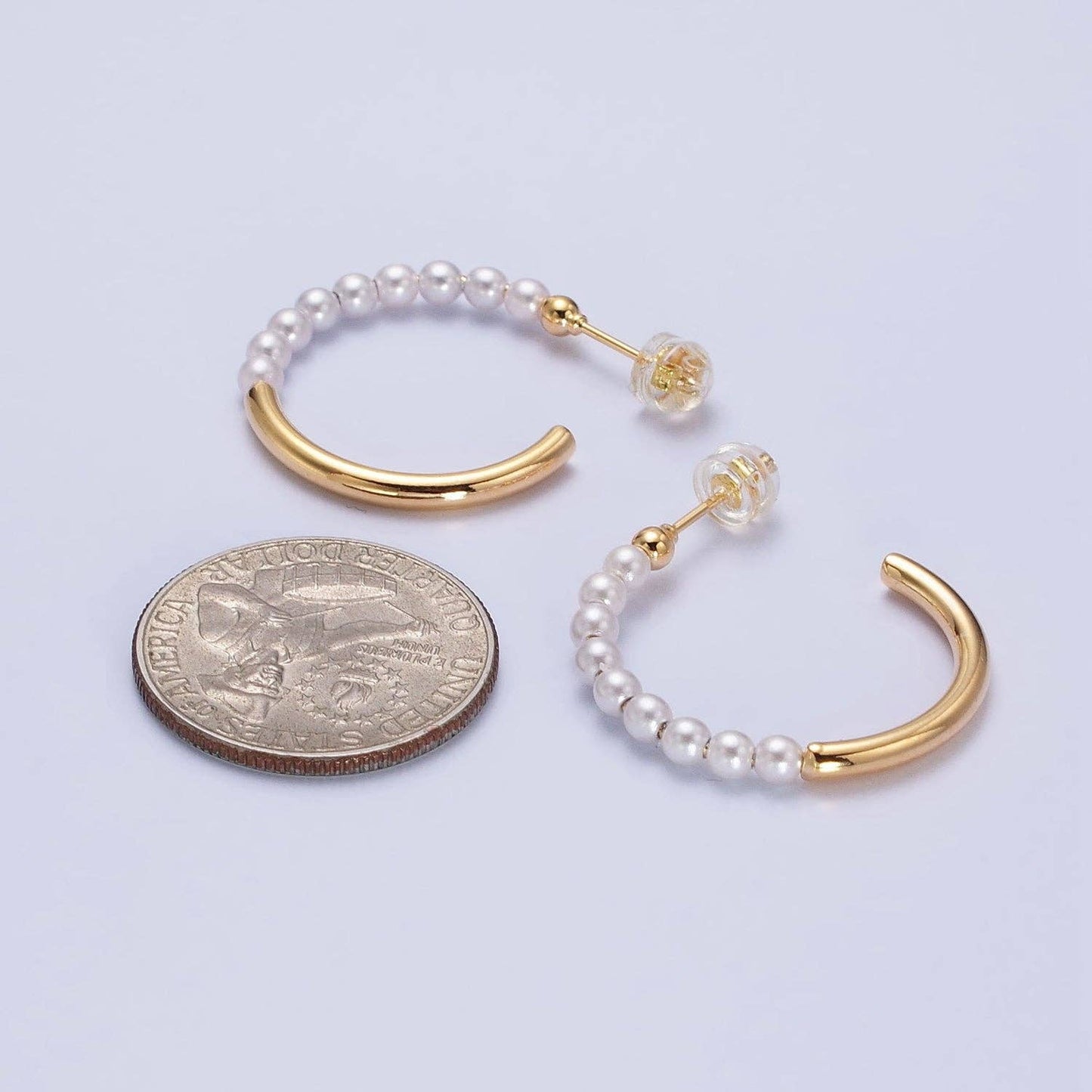 16K Gold Filled 25mm Half Pearl Hoop Earrings in Gold & Silver | AB366 AB367: Silver
