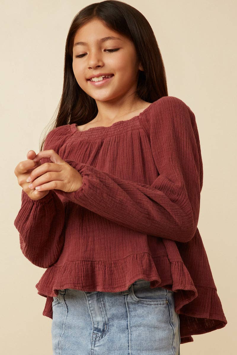Girls Smock Detailed Textured Washed Peplum Top - 4 Pack: Black / Pack