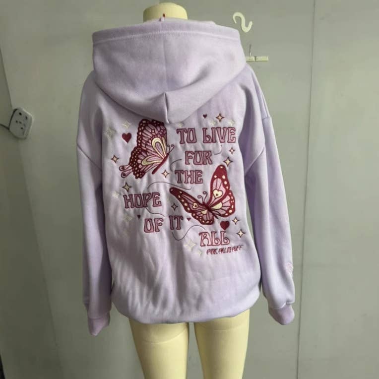 Butterfly Inspired Embroidered fleece oversized Hoodie: Purple / M