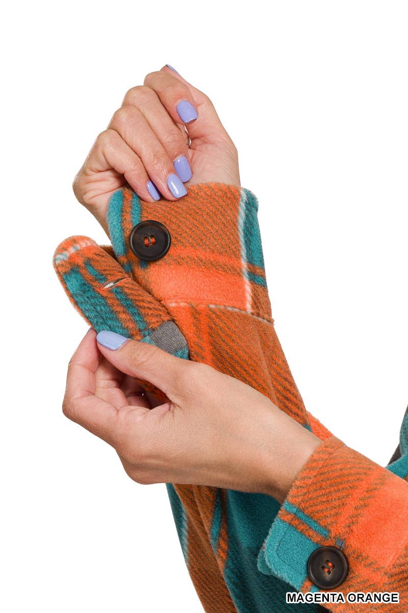 Polar Fleece Plaid Shacket With Pocket: MAGENTA/ORANGE / 2-2-2 (S-M-L)