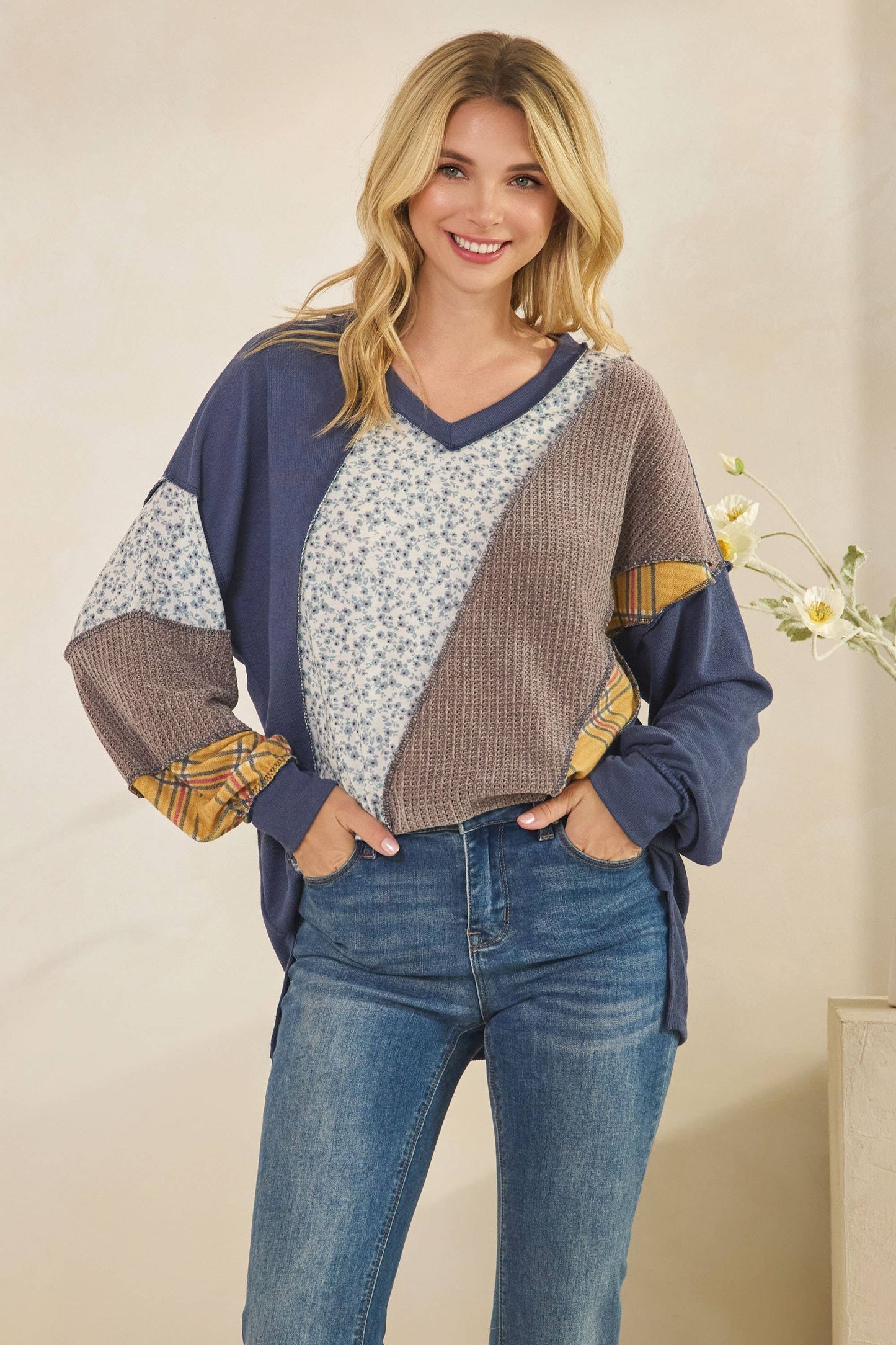 Multi Fabric Patchwork V Neck Long Sleeve Top: MAUVE / 2-2-2-2(S-M-L-XL)