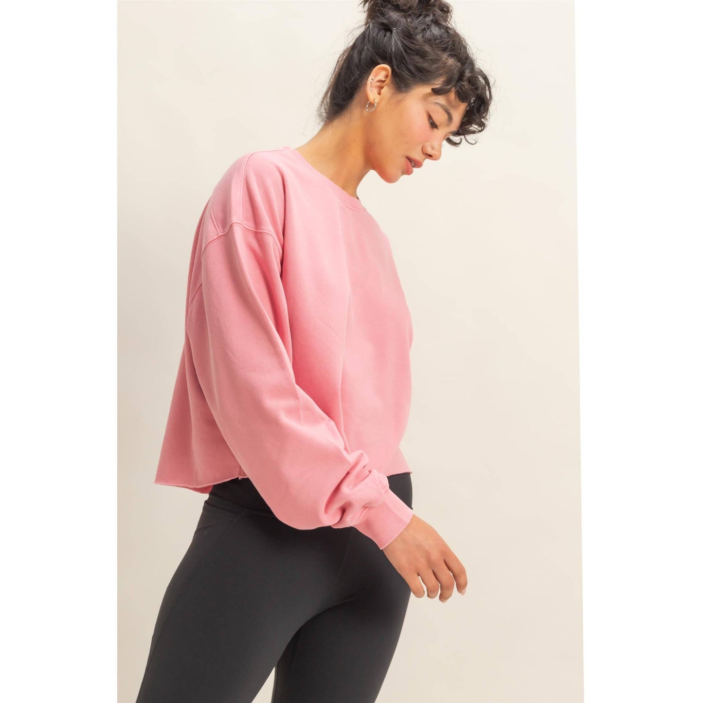 Cropped Crewneck Sweatshirt With Oversized Sleeves: TAFFY PINK / S-M-L(2-2-2)