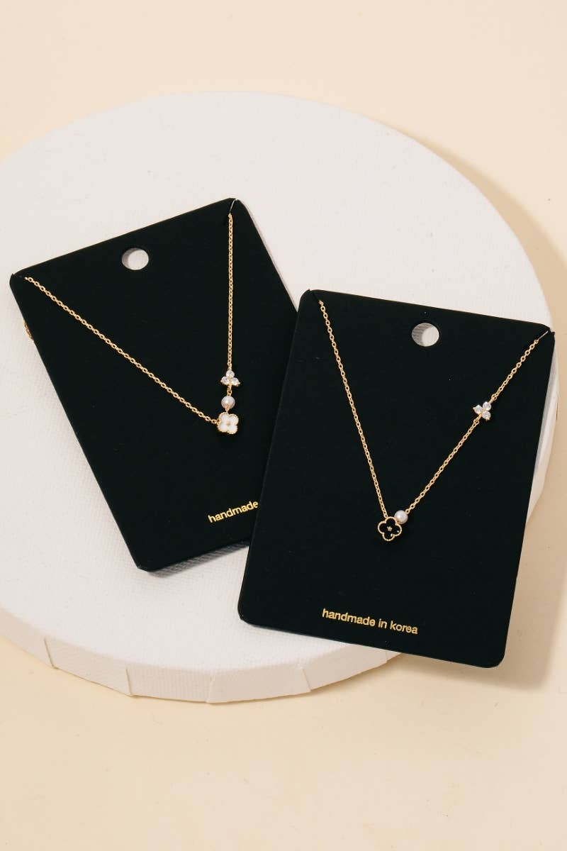 Enamel Clover Pearl And Stud Charms Chain Necklace: WH