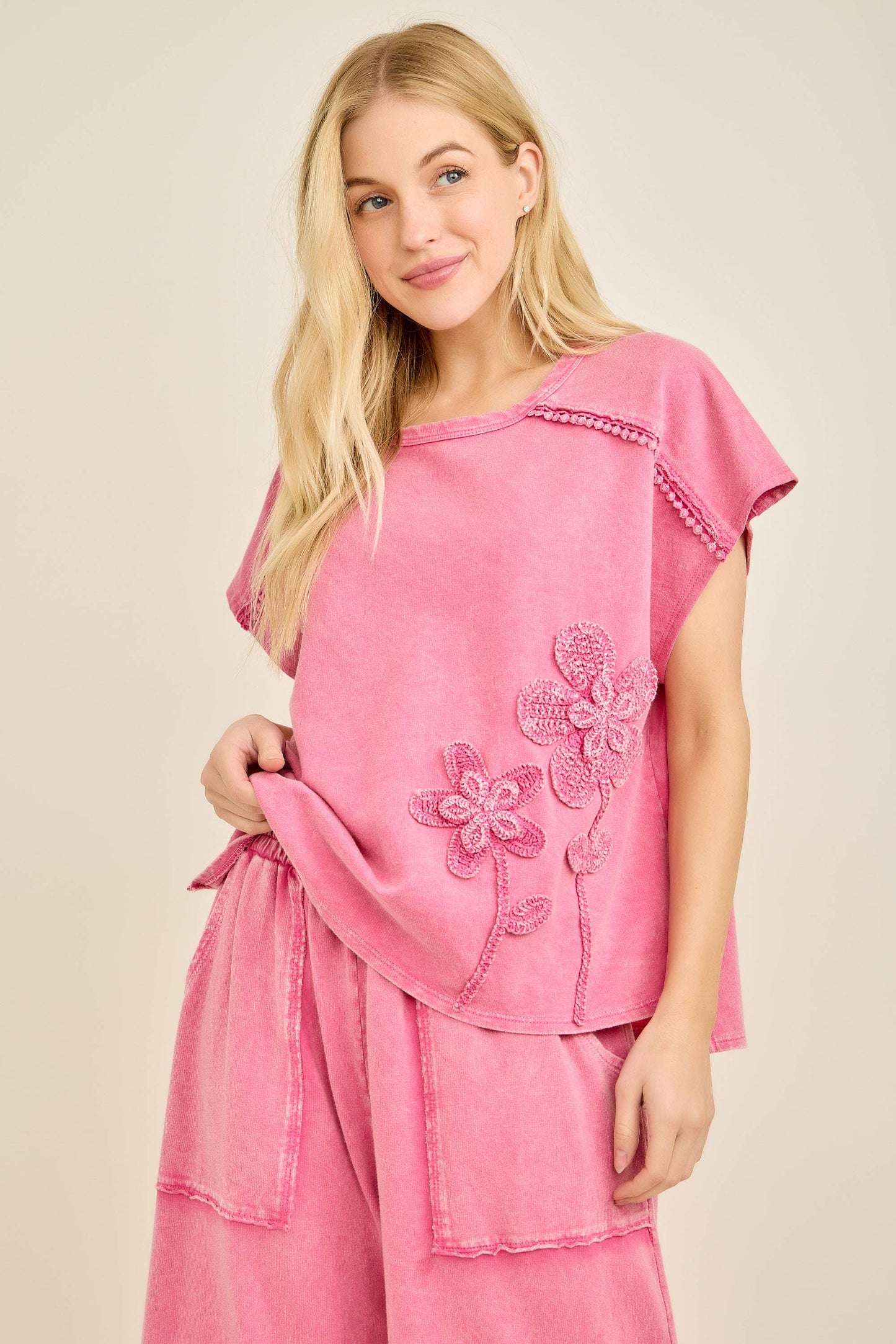 Mineral Washed Flower Garden Sleeveless blouse top HT7012: Papaya / S-M-L / 2-2-2