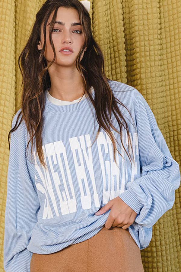 T1770-SBG  'SAVED BY GRACE' Graphic Sweatshirt Top: S-M-L (2-2-2) / SKY BLUE